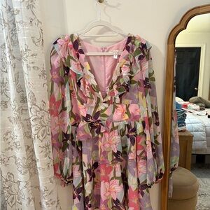 Anthropologie Floral Long Sleeve Dress - Pink and Green